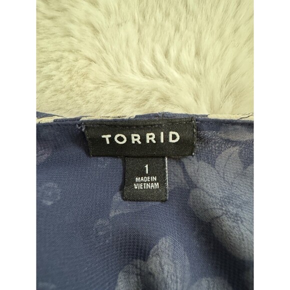 Torrid Cold Shoulder Blouse Plus 1X Blue Floral Ruffle EUC Office Travel Boho - Picture 5 of 8